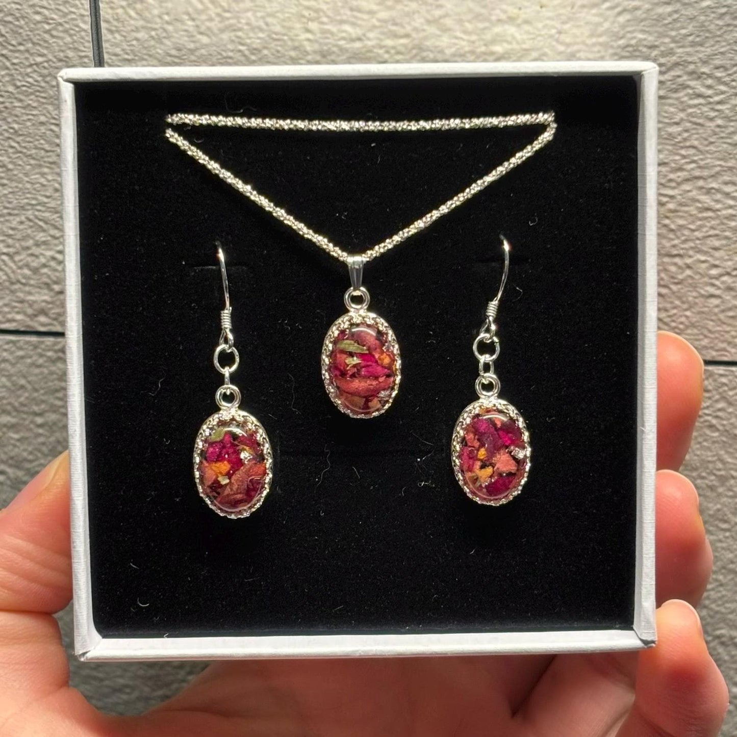 Silver Flower Preservation Necklace & Earrings